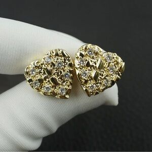 Gold Heart-Shaped Nugget Earrings with CZ Medium 12mm